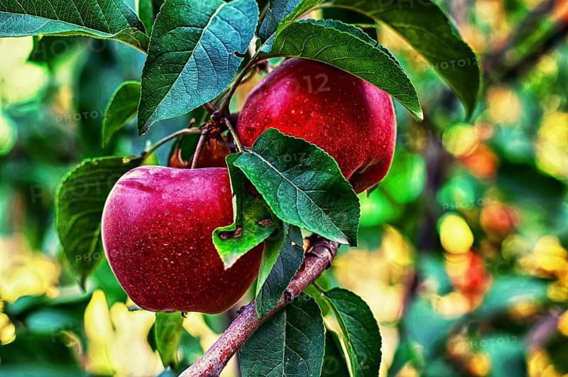 Branch with leaves with ripe apples summer harvest