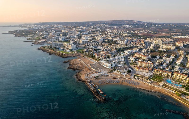 Coastline of touristic village of Pernera, Protaras Cyprus. Drone aerial scenery of holiday resort