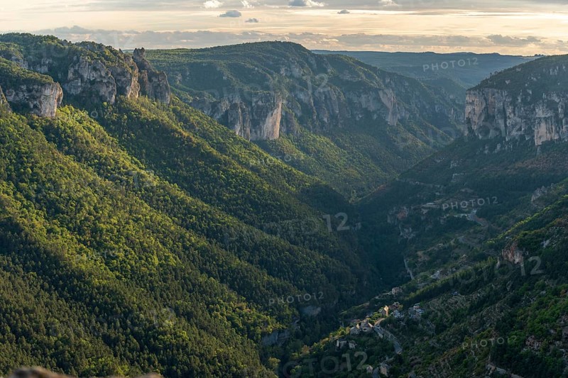 View of the Gorges de la Jonte and the village of Le Truel in the Cevennes National Park. Aveyron, France
