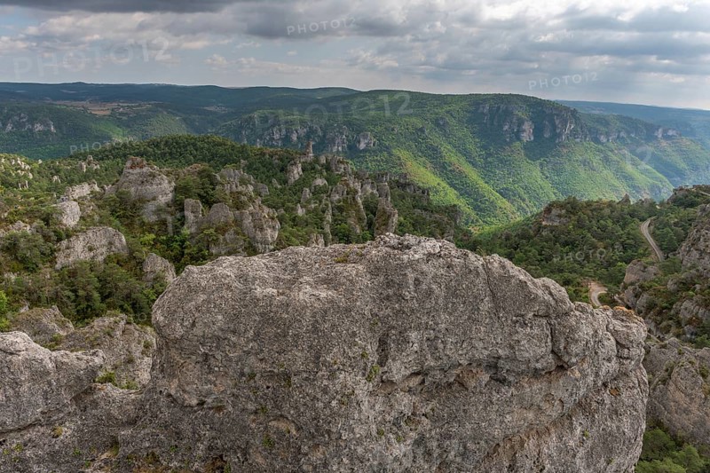 The city of stones, within Grands Causses Regional Natural Park, listed natural site with Dourbie Gorges at bottom. Aveyron, Cevennes, France