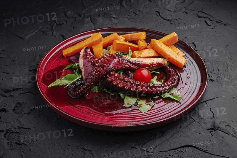 food still-life, A beautifully arranged dish features grilled octopus, bright red cherry tomatoes, and crispy sweet potato fries placed atop fresh greens. This culinary creation showcases vibrant colors and textures