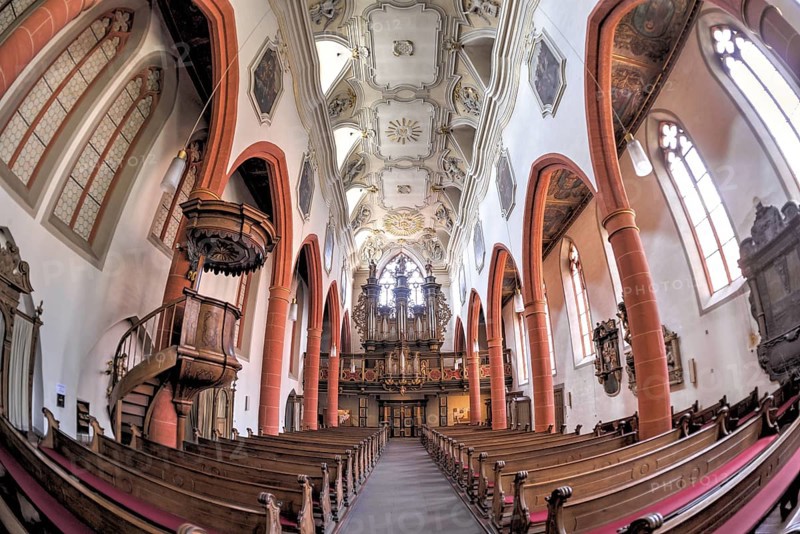 Interior of the town church of Limburg in a distorted wide-angle shot, Limburg an der Lahn, Germany