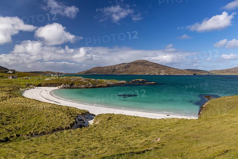 Sandy beach beach in the strait, Caolas Bhatarsaigh, Vatersay, Barra Island, Outer Hebrides, Scotland, Great Britain