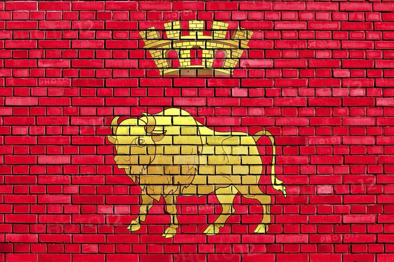 Flag of Grodno Region painted on brick wall