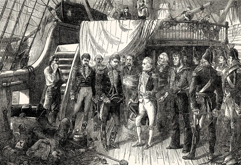 Admiral Horatio Nelson receiving the Spanish Admiral's sword, Battle of Cape St. Vincent, 1797, From British Battles on Land and Sea, by James Grant