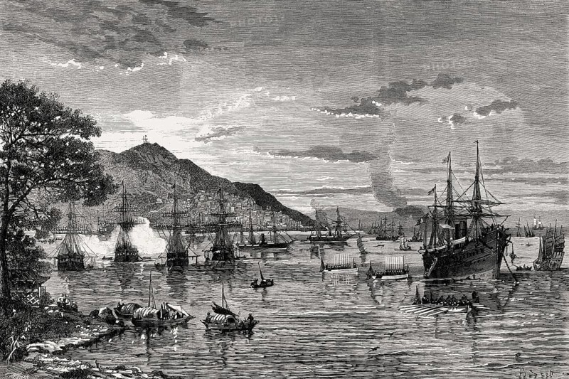 The French fleet at anchor off Kowloon, Hong Kong Island and the city of Victoria, 1860