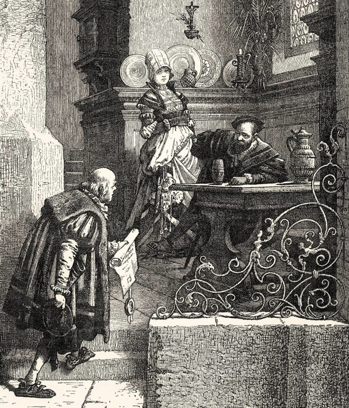 ACT IV. SCENE I., An Inn in the city of Heilbronn Götz, Elisabeth, Sergeant, Scene from Götz von Berlichingen by Johann Wolfgang von Goethe