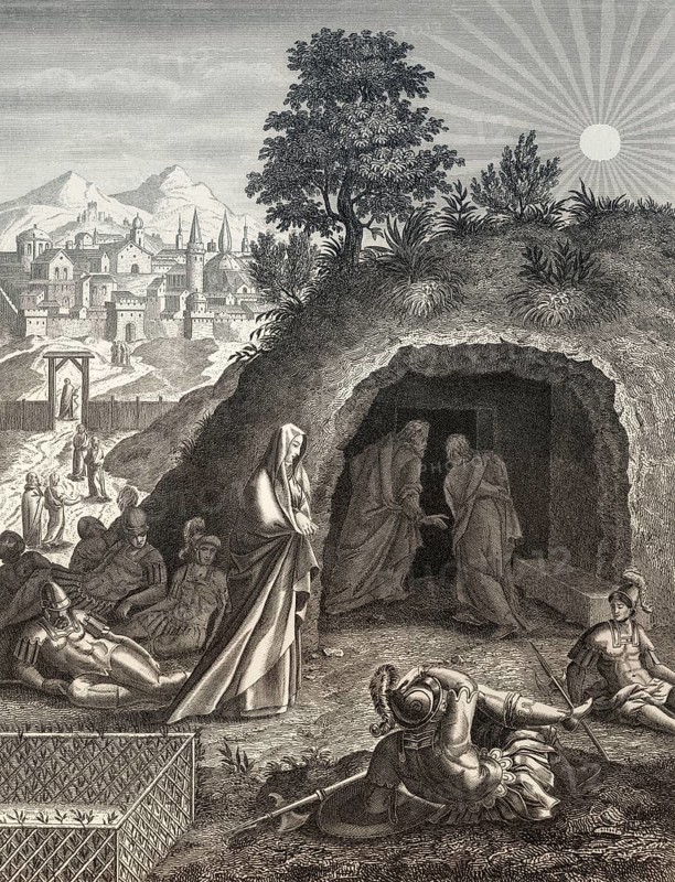 The empty tomb, Resurrection of Jesus, New Testament, steel engraving 1853, digitally restored
