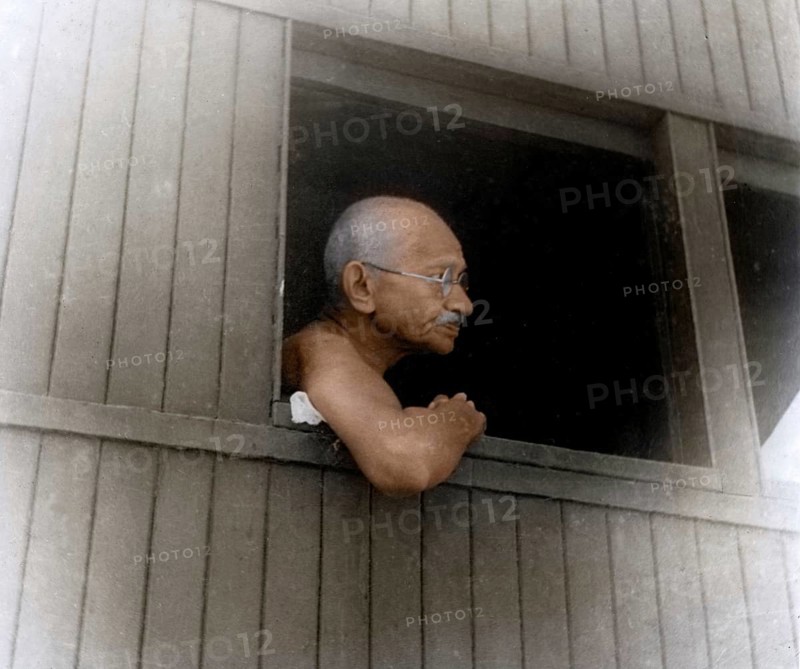 Mahatma Gandhi in train on way to Shimla, India, Asia, June 24, 1945