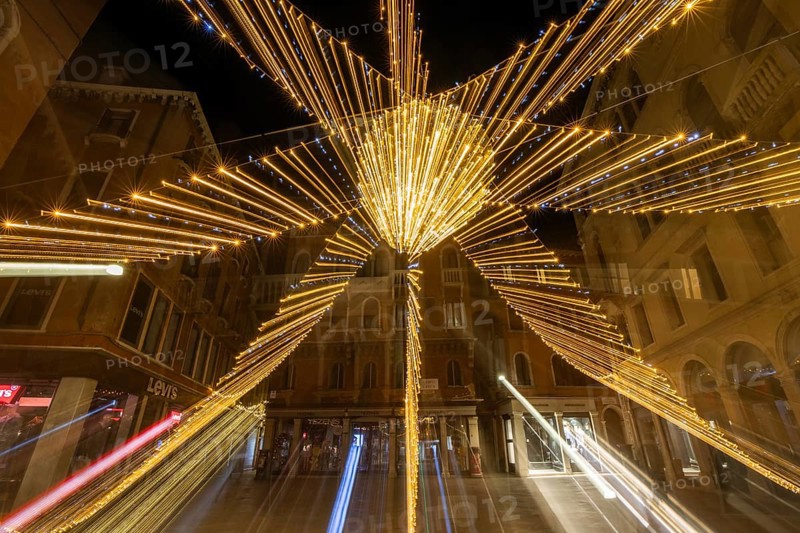 Lighting in the historic centre, night shot, zoom effect, Campo San Luca, Venice, Italy