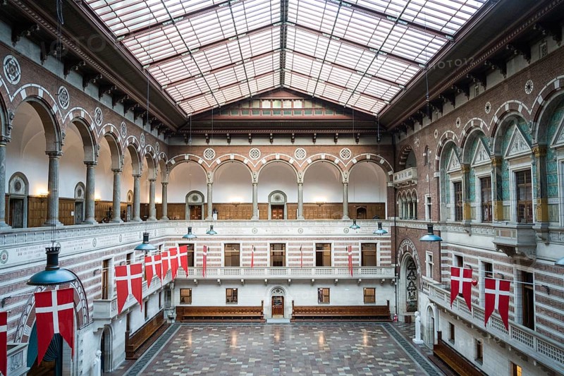 Copenhagen town hall Interior. City Hall. Historic City Hall Building in Denmark. interior Hall building Kobenhavns located on Square in central Copenhagen