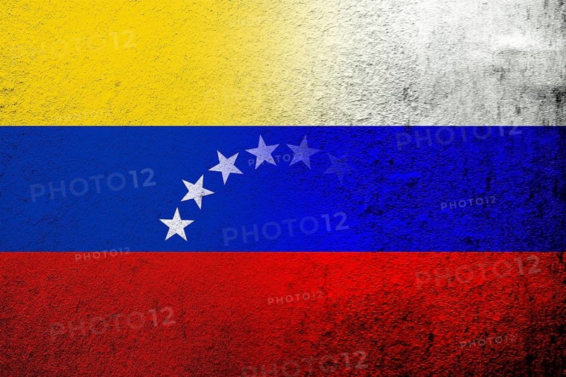 National flag of Russian Federation with The Bolivarian Republic of Venezuela National flag. Grunge background