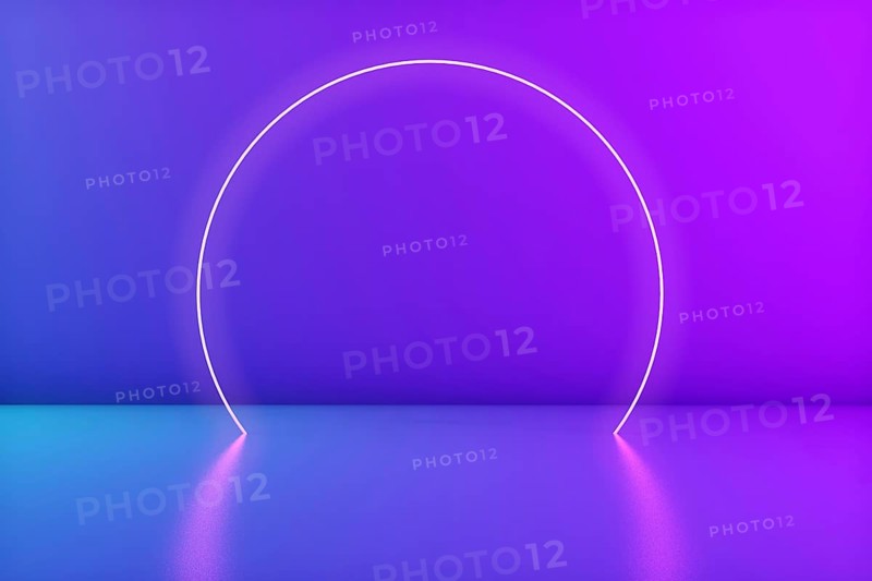 Glowing neon circle in the room. Stage for product or text. Trendy colors. 3d rendering. Copy space