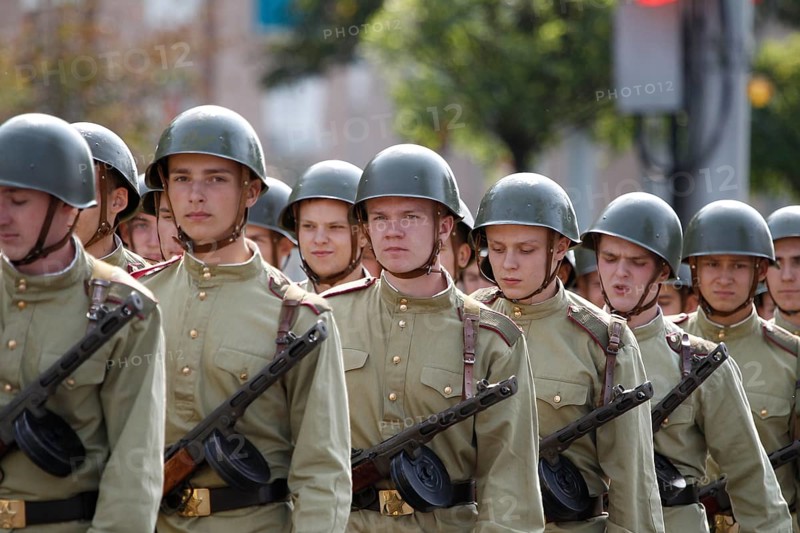 Belarus, Gomel, 09 May 2017. soldiers in the form of the Second World War in helmets