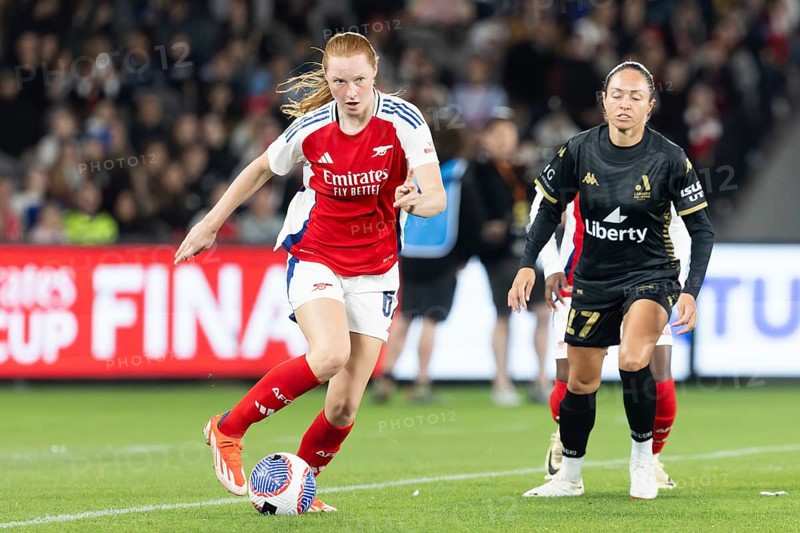 MELBOURNE, AUSTRALIA, MAY 24: Katie Reid of Arsenal Women FC competes against A-League All Stars Women team during the Global Football Week at Marvel Stadium on May 24, 2024 in Melbourne, Australia