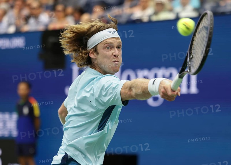 Tennis player Andrey Rublev of Russia in action at the US Open 2024 Championships, Billie Jean King Tennis Center, Queens, New York, USA.