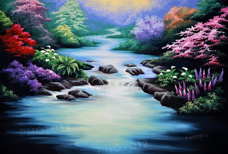 Theatre backdrop featuring forest and stream