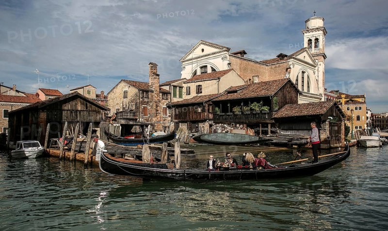 Italy Venice Gondola shipyard -453 one of the last in Venice rear Church of San Sebastiano 1505-46 built by Antonio Abondi