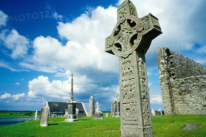 Celtic cross, monastery and ruins of Glonmacnoise, Ireland