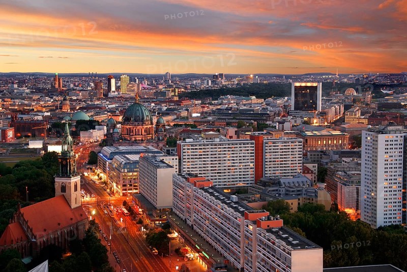 Aerial image of berlin skyline with potsdamer platz and berliner dom at dawn