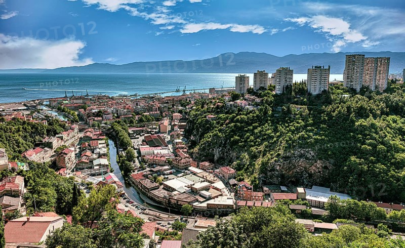 Panoramic view from Trsat castle over the town, Rjecina river and marine