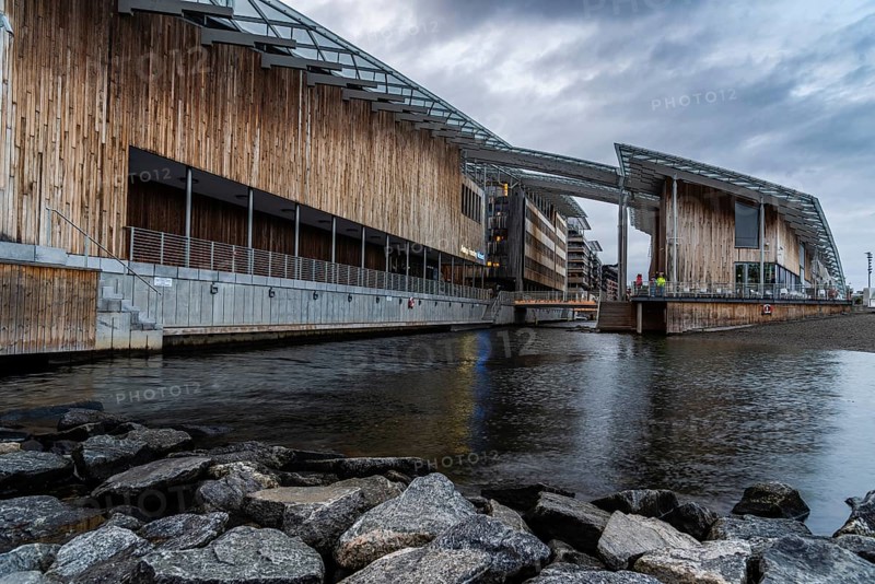 Oslo, Norway, August 11, 2019: Astrup Fearnley Museum designed by Renzo Piano architect in Tjuvholmen quarter. Long exposure