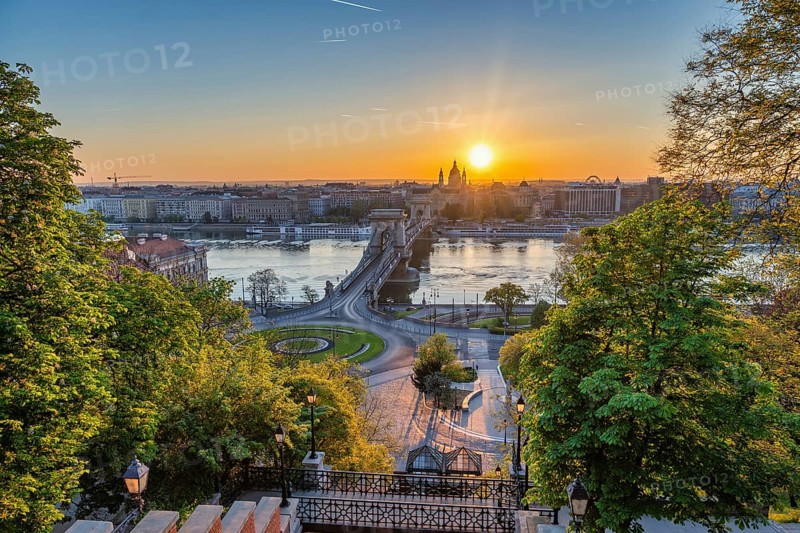 Budapest Hungary, sunrise city skyline at Danube River with Chain Bridge and St. Stephen's Basilica