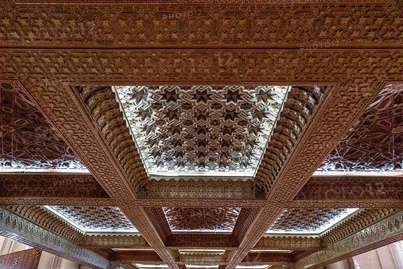 Casablanca, Morocco, 29 March, 2024: intricately carved cedar ceiling of the mezzanine in the Hassan II Mosque in Casablanca