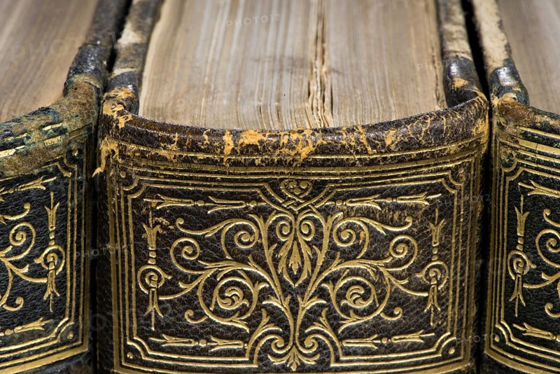 Old books on shelf. French encyclopedia. Close up shot