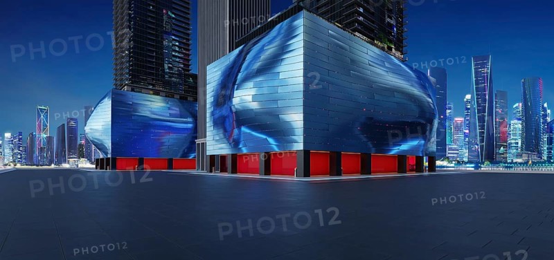 Perspective horizontal view of empty ground floor with modern building and beautiful nigh city background. 3d rendering
