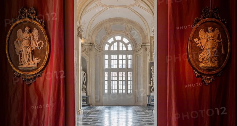 Venaria Reale, Italy, 16 July 2023: luxury gallery perspective, decorative marble, indoor, nobody, Royal Palace. Italy travel destination