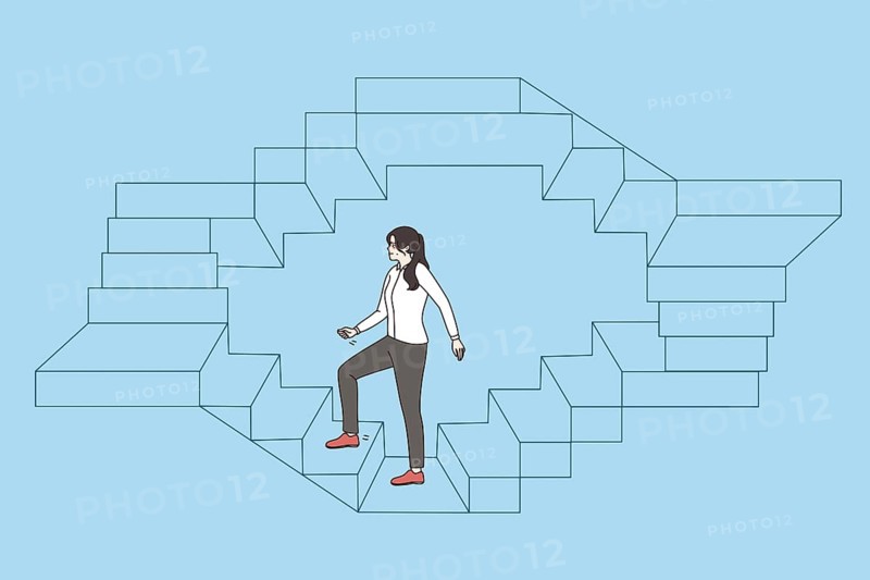Work, career and success business concept. Young business woman walking up endless stairs on circle vector illustration over blue background Abstract vector wall art background. Minimalistic abstract wall art background for print. Scandinavian vector style