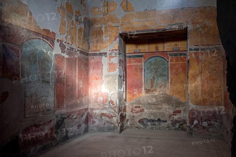 OPLONTIS, ITALY, MAY 03, 2022, Scenic frescos on the wall of famous Villa Oplontis, ancient Roman villa and world heritage sight, Southern Italy