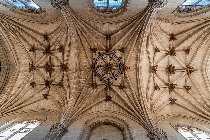 Toledo, Spain, December 6, 2019: Interior view of the church of the Monastery of San Juan de los Reyes. Directly below view of the ribbed vaults