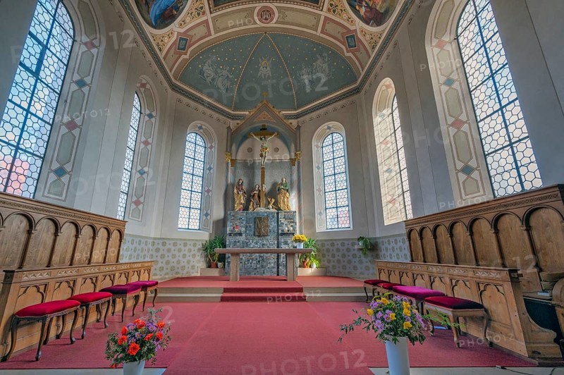 Main altar with choir stalls, St. Blasius Catholic Parish Church in Dietmannsried, Allgäu, Bavaria, Germany