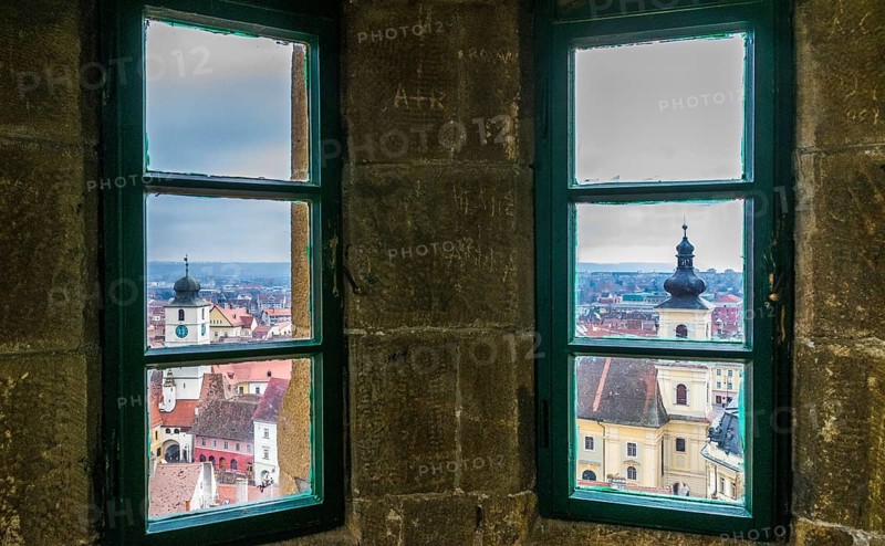 Sibiu Council Tower and Holy Trinity Roman Catholic Church viewed from the Evangelical Church
