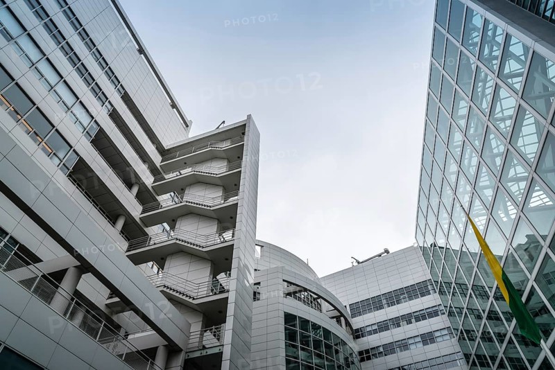 The Hague, The Netherlands, August 7, 2016: The Hague City Hall. It was designed by American architect Richard Meier. Low angle view