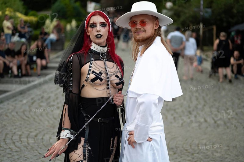 BOLKOW, POLAND - JULY 14, 2023: An unidentified participants of the Castle Party on the street in town. Castle Party is a dark independent festival.