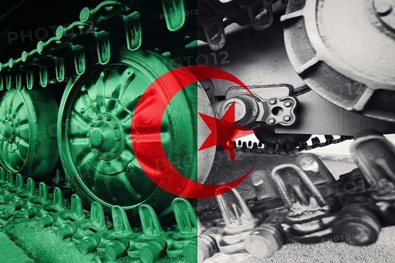Military tank close-up Caterpillar Track with Algeria flag Background