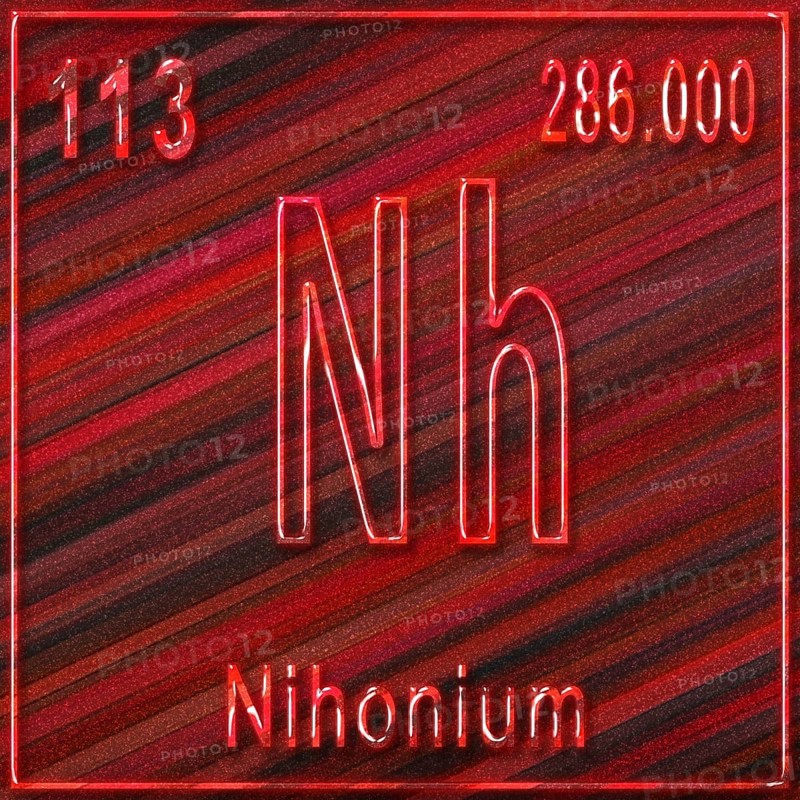 Nihonium chemical element, Sign with atomic number and atomic weight, Periodic Table Element