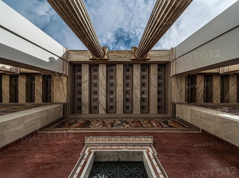 Athens Old Town, Attica, Greece, 12 28 2019 View from above over the entrance, pillars and ceiling of the Greek National Academy
