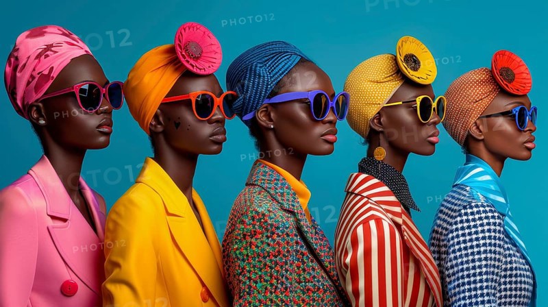 Models in stylish outfits and colorful sunglasses against a blue background