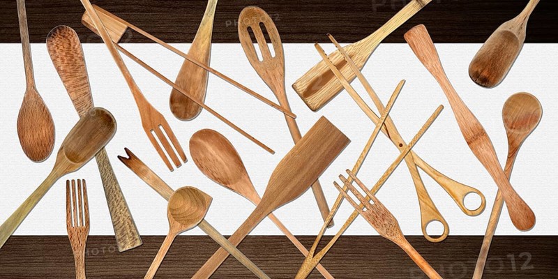 Topview of Set Cooking Wooden Utensils on Table Background