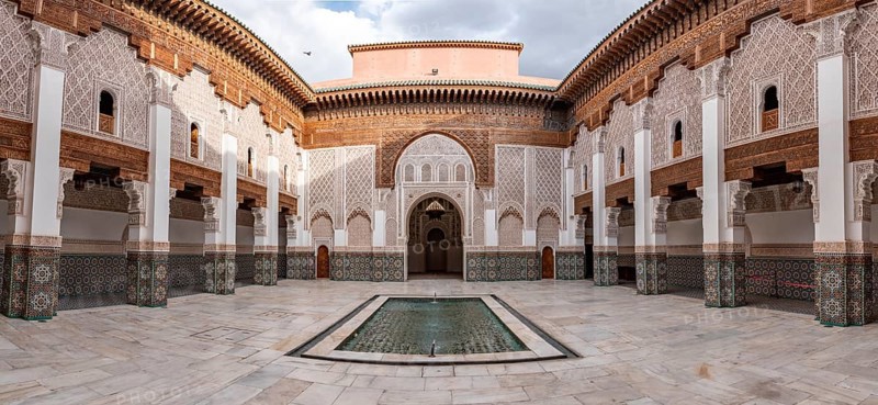 MARRAKECH, MOROCCO, APRIL 18, 2023, Famous Madrassa Ben Youssef in the medina of Marrakech