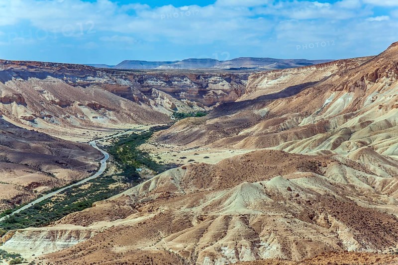 Wonderful spring in Israel. Gorge and desert canyon Ein Avdat. Beautiful warm windy day in the Negev desert. The concept of ecological, active and photo tourism