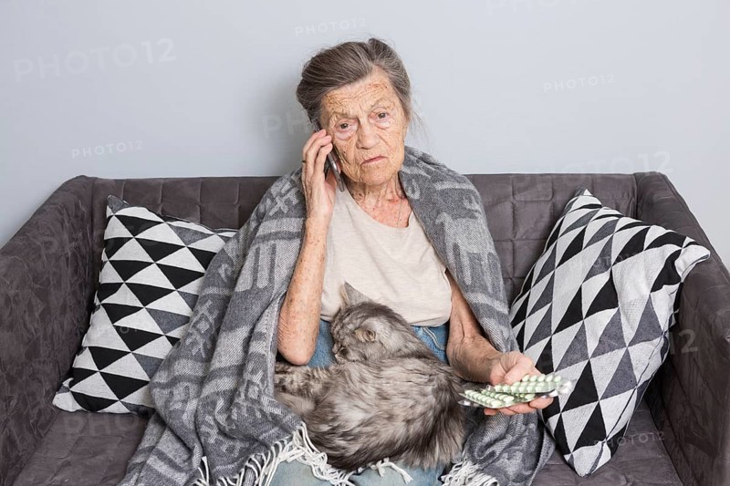 Sick senior woman taking medicine at home. Senior woman talking on mobile phone while looking at medicine in bedroom. pensioner studying medicine calling doctor while sitting on sofa with cat