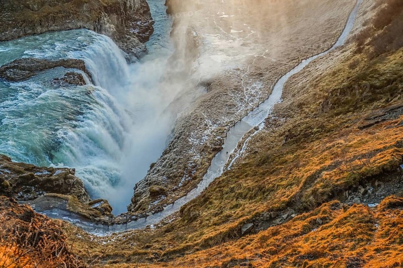 Waterfall and the sunrise of Iceland Gullfoss. Shooting Location: Iceland, Reykjavik