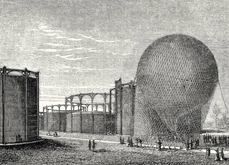 Departure of a gas balloon from the La Villette gas plant, Paris, France, 19th century