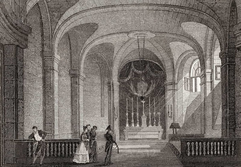 The Conciergerie, chapel of the prison, Paris, antique steel engraved print, 1831