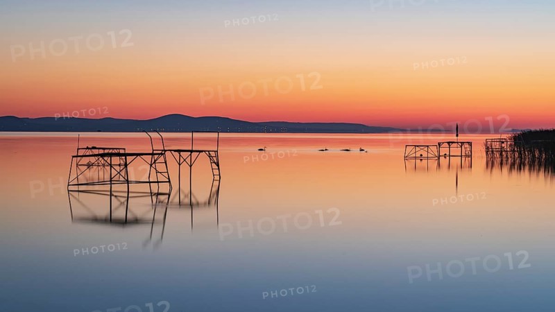 Panorama of Lake Balaton at sunrise near Balatonfenyves